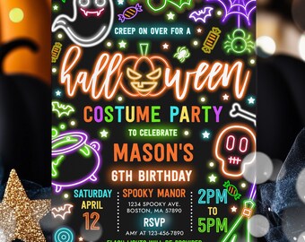 Editable Halloween Costume Birthday Party Invitation Glow Neon Halloween Spooktacular Birthday Party Invitation Instant Download T6Y