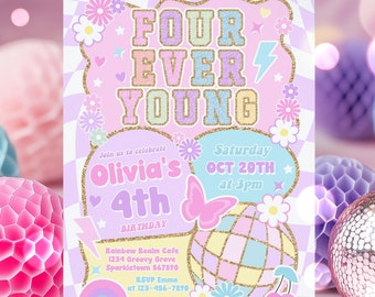 Editable Four Ever Young 4th Birthday Party Invitation Varsity Fashion Preppy 4th Birthday Party Groovy 4th Birthday Instant Download E3T