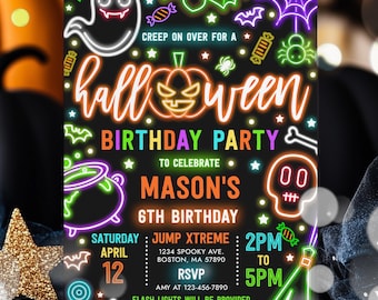 Editable Glow In The Dark Halloween Birthday Party Invitation Neon Halloween Birthday Glow Halloween Spooktacular Party Instant Download T6Y