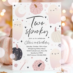 Editable Two Spooky Halloween Ghost 2nd Birthday Party Invitation Boho Groovy Ghost Halloween Birthday Party Invite Instant Download 43F