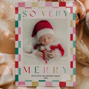 Editable Christmas Photo Card Template Modern Checkered Holiday Holiday Photo Bright Check Framed Holiday Photo Card Instant Download HH8