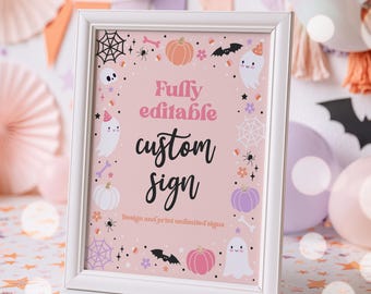 Fully Editable Birthday Party Sign Pink Halloween Ghost Custom Sign Any Age GirlHalloween Party Decor Custom Template Instant Download DS