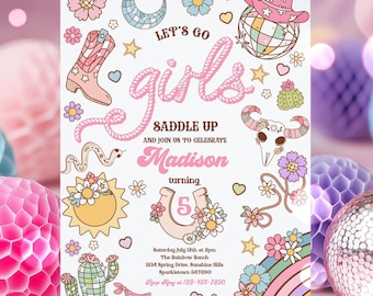Editable Cowgirl Birthday Party Invitation Pink Disco Cowgirl Party Nashville Rodeo Space Cowgirl Birthday Party Instant Download HQ6