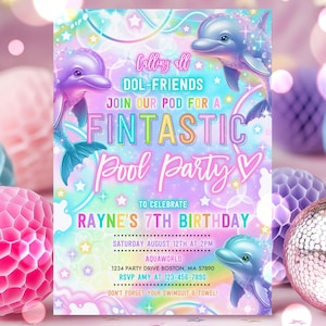 Editable Dolphin Pool Party Invitation Tie Dye Neon Glow Dolphin Under The Sea Pool Birthday Party Rainbow Dolphin Instant Download Y7H