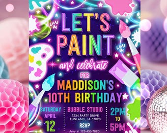May include: A colorful invitation for a 10th birthday party with the text "Let's Paint and celebrate for Maddison's 10th Birthday". The invitation features a rainbow paint palette, paintbrushes, and stars on a dark purple background.