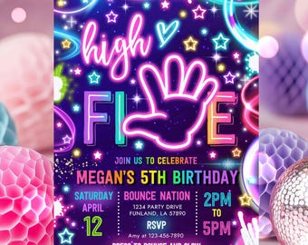 Editable High Five Birthday Party Invitation Neon Glow High Five Hi Five 5th Birthday Party Girls 5th Birthday Party Instant Download TR1