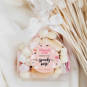 Editable Pink Halloween Ghost Circle + Square Favor Tags Pink Ghost Spooky One Favors Spooktacular Halloween Birthday Instant Download DS