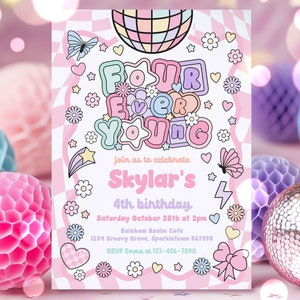 Editable Four Ever Young Preppy Birthday Party Invitation Y2K Retro Bubble Font Disco 4th Birthday Party Invite Instant Download 45K