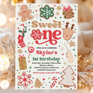 Editable Christmas Birthday Invitation Holiday Cookie Party 1st Birthday Party Sweet One Christmas 1st Birthday Party Instant Download HY2