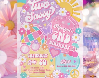 Editable Two Sassy 2nd Birthday Party Invitation Rainbow Sunshine Peace Love Party Groovy Hippie Party Instant Download E5T