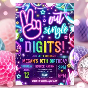 Editable Peace Out Single Digits Birthday Party Invitation Neon Glow Peace Out Single Digits 10th Birthday Party Instant Download TR1