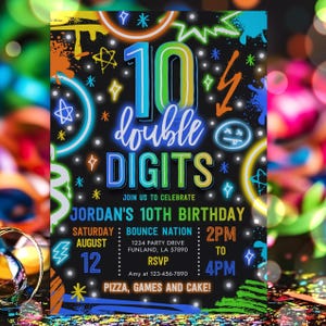 Editable Double Digits 10th Birthday Party Invitation Boy Tween 10th Birthday Boy Neon Double Digits 10th Birthday Instant Download YY8