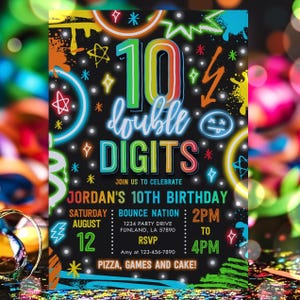 Editable Double Digits 10th Birthday Party Invitation Boy Tween 10th Birthday Boy Neon Double Digits 10th Birthday Instant Download YY8