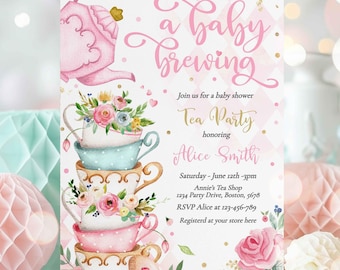 Editable Baby Shower Tea Party Invitation Pink & Gold Floral Girl A Baby Is Brewing Baby Shower Tea Party Invitation Instant Download TR