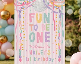 Fun To Be One 1st Birthday Party Welcome Sign Whimsical First Birthday Party For A Girl Garland Pastel Rainbow Decor Digital Download U71
