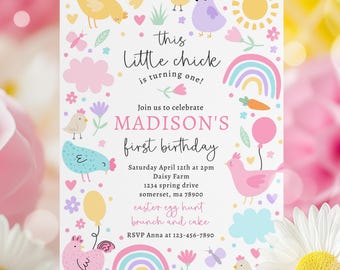 Editable Chicken Birthday Party Invitation This Chick Is Turning One Spring Farm Barnyard Chicken 1st Birthday Party Instant Download C23