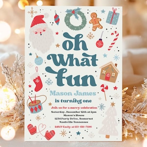 Editable Christmas Birthday Invitation Oh What Fun Christmas Birthday Party Red And Blue Boy Christmas Birthday Party Instant Download HHJ