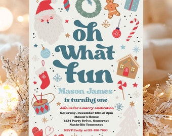 May include: A Christmas-themed birthday invitation for a child named Mason James turning one. The invitation features a festive design with Santa Claus, a gingerbread man, a Christmas tree, and other holiday elements. The text reads "Oh What Fun" and includes details about the party, including the date, time, and location.