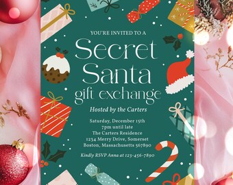 May include: A festive invitation for a Secret Santa gift exchange. The teal card features illustrations of wrapped gifts, a Santa hat, and candy canes. The text reads "Secret Santa gift exchange" with event details.