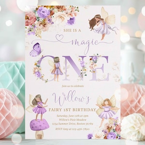 Editable Fairy Magic One Birthday Invitation Whimsical Purple Wildflower Fairy 1st Birthday Magical Fairy Garden Party Instant Download WF
