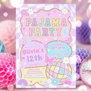 May include: A pink and purple invitation for a pyjama party with glitter text that says "Pajama Party". The invitation has a disco ball, butterflies, and flowers. It says "Olivia's 12th Birthday" and includes the date and time of the party.