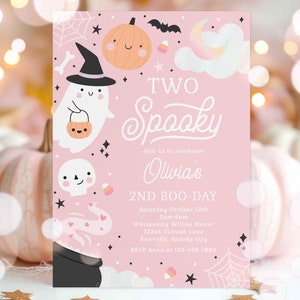 Editable Two Spooky Halloween Ghost 2nd Birthday Party Invitation Boho Groovy Ghost Halloween Birthday Party Invite Instant Download 43A