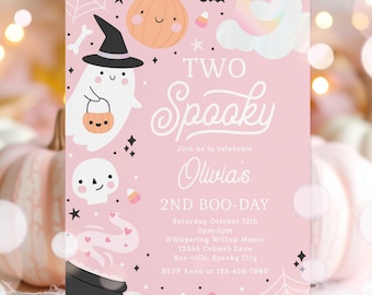 May include: Pink Halloween party invitation with a ghost, pumpkin, and cauldron. The text reads "Two Spooky Olivia's 2nd Boo-Day".