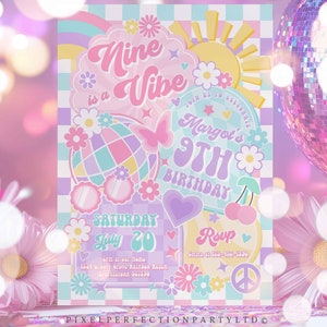 Editable Nine Is A Vibe 9th Birthday Party Invitation Rainbow Sunshine Peace Love Party Groovy Hippie Party Instant Download E4T