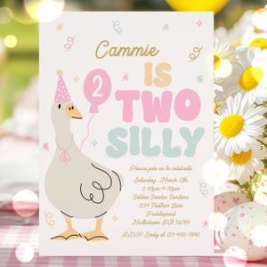Editable Two Silly Goose Birthday Party Invitation Pink Goose Two Silly 2nd Birthday Party Daisy Spring 2nd Birthday Instant Download SG0