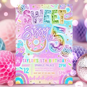 Editable Sweet Sassy And Five Birthday Party Invitation Rainbow Neon Sequin Glitter Letter Patch 5th Birthday Party Instant Download Y7W