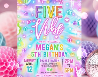 Editable Five Is A Vibe 5th Birthday Party Invitation Five Is A Vibe Neon Glow Birthday Party Girl Glow 5th Birthday Instant Download T8U