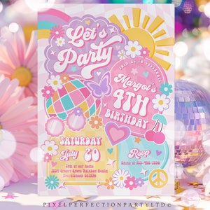 Editable Let&#39;s Party Groovy Birthday Party Invitation Rainbow Sunshine Peace Love Party Groovy Disco Party Hippie Party Instant Download E5T