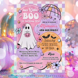 Editable Our Little Boo Is Turning Two Halloween Ghost 2nd Birthday Party Invitation Retro Groovy Ghost Halloween Party Instant Download TX4