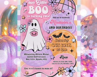 Editable Our Little Boo Is Turning Two Halloween Ghost 2nd Birthday Party Invitation Retro Groovy Ghost Halloween Party Instant Download TX4