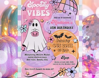 May include: A Halloween-themed invitation in pastel colours, featuring the text "Spooky Vibes." It includes a ghost holding a pumpkin, stars, flowers, and a disco ball graphic. The invitation is for Madison's 5th birthday, with the date and time clearly displayed.