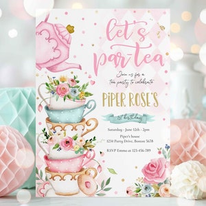 Editable Tea Party Birthday Invitation Pink & Gold Floral Par-Tea Birthday Invite Pink Gold Floral Whimsical Tea Party Instant Download TR