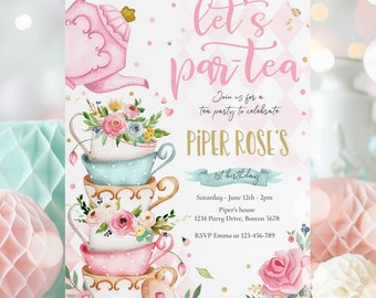 Editable Tea Party Birthday Invitation Pink & Gold Floral Par-Tea Birthday Invite Pink Gold Floral Whimsical Tea Party Instant Download TR
