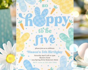 Editable Bunny Birthday Party Invitation So Hoppy To Be Five Bunny 5th Birthday Party Cute Boy Bunny Spring Birthday Instant Download CH1