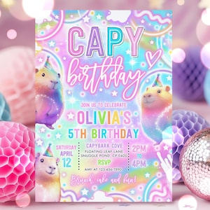 Editable Capybara Birthday Party Invitation Neon Pastel Glow Capybara Birthday Party Cute Pastel Capy Birthday Party Instant Download Y7H