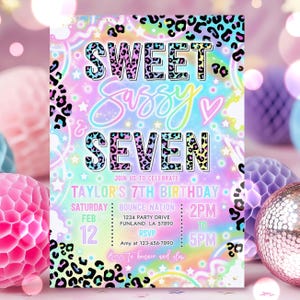 Editable Sweet Sassy And Seven Birthday Party Invitation Rainbow Leopard Neon Glow Sweet And Sassy 7th Birthday Party Instant Download YT8