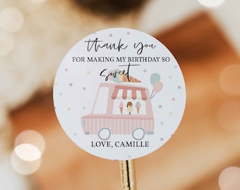 May include: Pink and white round thank you sticker with an ice cream van graphic and the text "Thank you for making my birthday so sweet. Love, Camille."