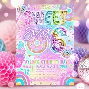 Editable Sweet Sassy And Six Birthday Party Invitation Rainbow Neon Sequin Glitter Letter Patch 6th Birthday Party Instant Download Y7W