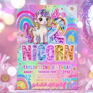 May include: A colorful invitation for a second birthday party. The design features a unicorn, rainbows, and the text "NICORN". The invitation includes the date, time, and location of the party, with the text "Taylor's 2nd Birthday".