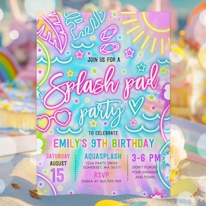 Editable Splash Pad Birthday Party Invitation Glow Neon Tie Dye Summer Water Slide Splish Splash Pool Birthday Party Instant Download Y3