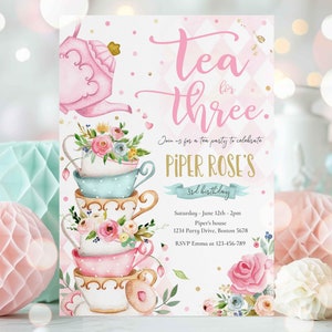 Editable Tea For Three Birthday Invitation Tea For Three 3rd Birthday Party Pink Gold Floral Whimsical Tea Party Instant Download TR