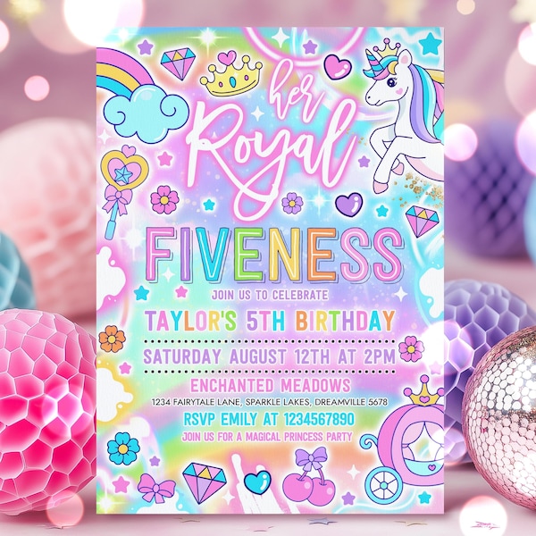 Editable Her Royal Five-Ness Princess 5th Birthday Party Invitation Neon Glow Princess Unicorn Magical 5th Birthday Instant Download YTT