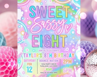 Editable Sweet Sassy And Eight Birthday Party Invitation Neon Glow Sweet And Sassy 8th Birthday Party Instant Download Y7H