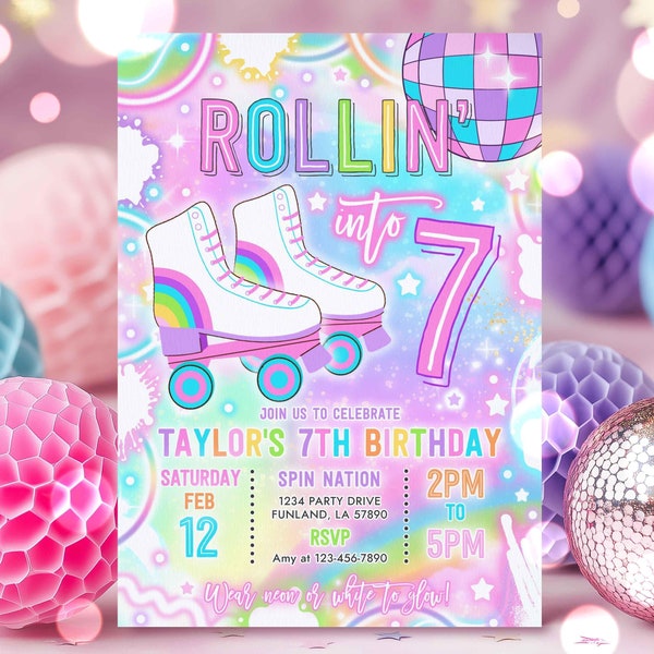 Editable Roller Skating 7th Birthday Party Invitation Rollin' Into Seven Neon Glow Skating Party Roller Rink Disco Instant Download Y7H