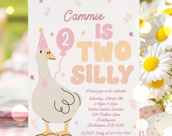 Editable Two Silly Goose Birthday Party Invitation Pink Goose Two Silly 2nd Birthday Party Daisy Spring 2nd Birthday Instant Download SG0