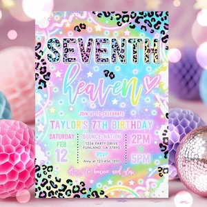 Editable 7th Heaven Pastel Neon Birthday Party Invitation Pastel Rainbow Leopard Neon Glow Seventh Heaven 7th Birthday Instant Download YT8